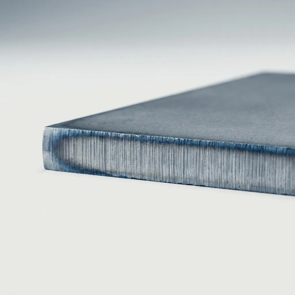 A close-up of a laser-cut steel edge showing vertical kerf lines and a faint blue oxide sheen.