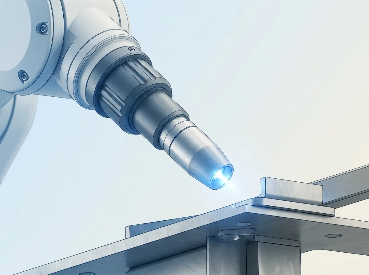 A tight crop of a robotic welding torch mid-arc at a fixture, with a localized blue-white arc glow at the torch tip.